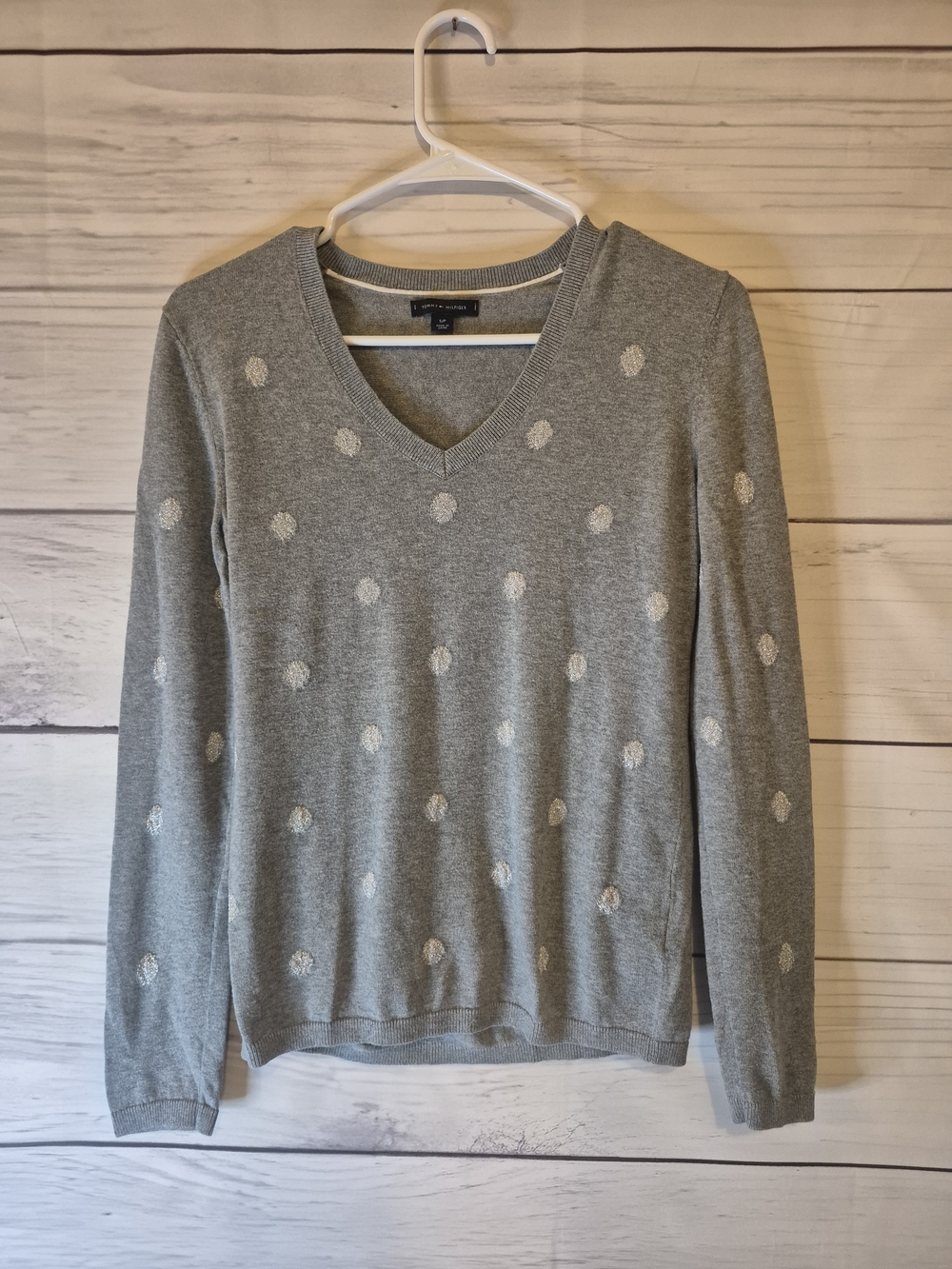 Tommy Hilfiger Classic Gray V-Neck Polka Dot Sweater Small